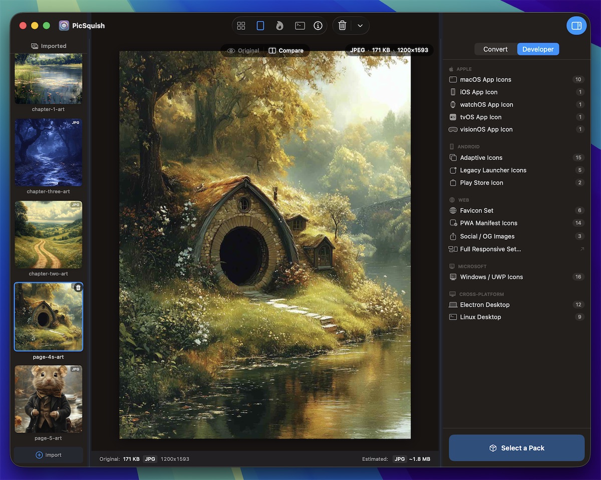PicSquish showing watermark and design tools