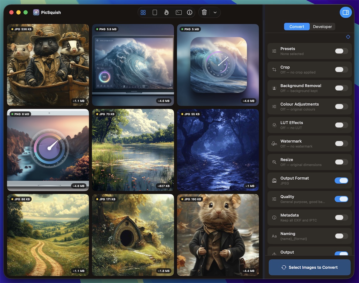 PicSquish library view with multiple images ready for batch processing